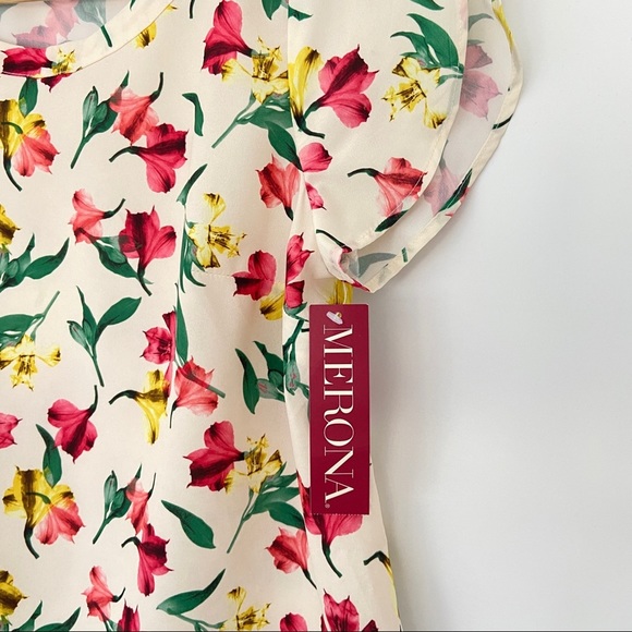 MERONA CREAM/GREEN/YELLOW/PINK FLORAL FLOATY TOP/BLOUSE WITH TULIP SLEEVES-XS - Picture 5 of 7